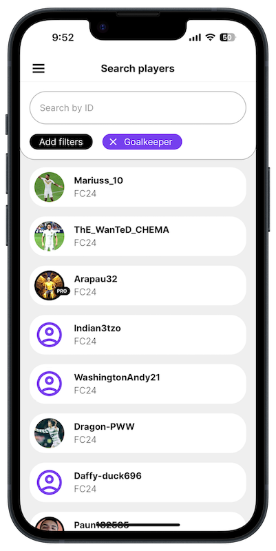 Search for clubs or players adding filters like country, level or position